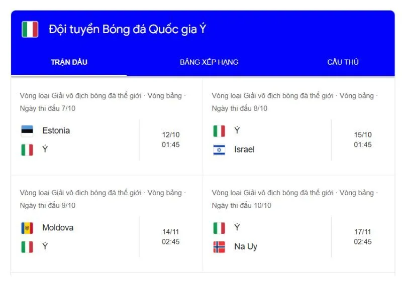 Lịch thi đấu đội tuyển Ý